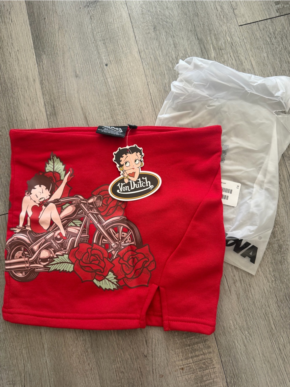 Fashion Nova Red Betty Boop Mini Skirt with Rose & Motorcycle Graphic